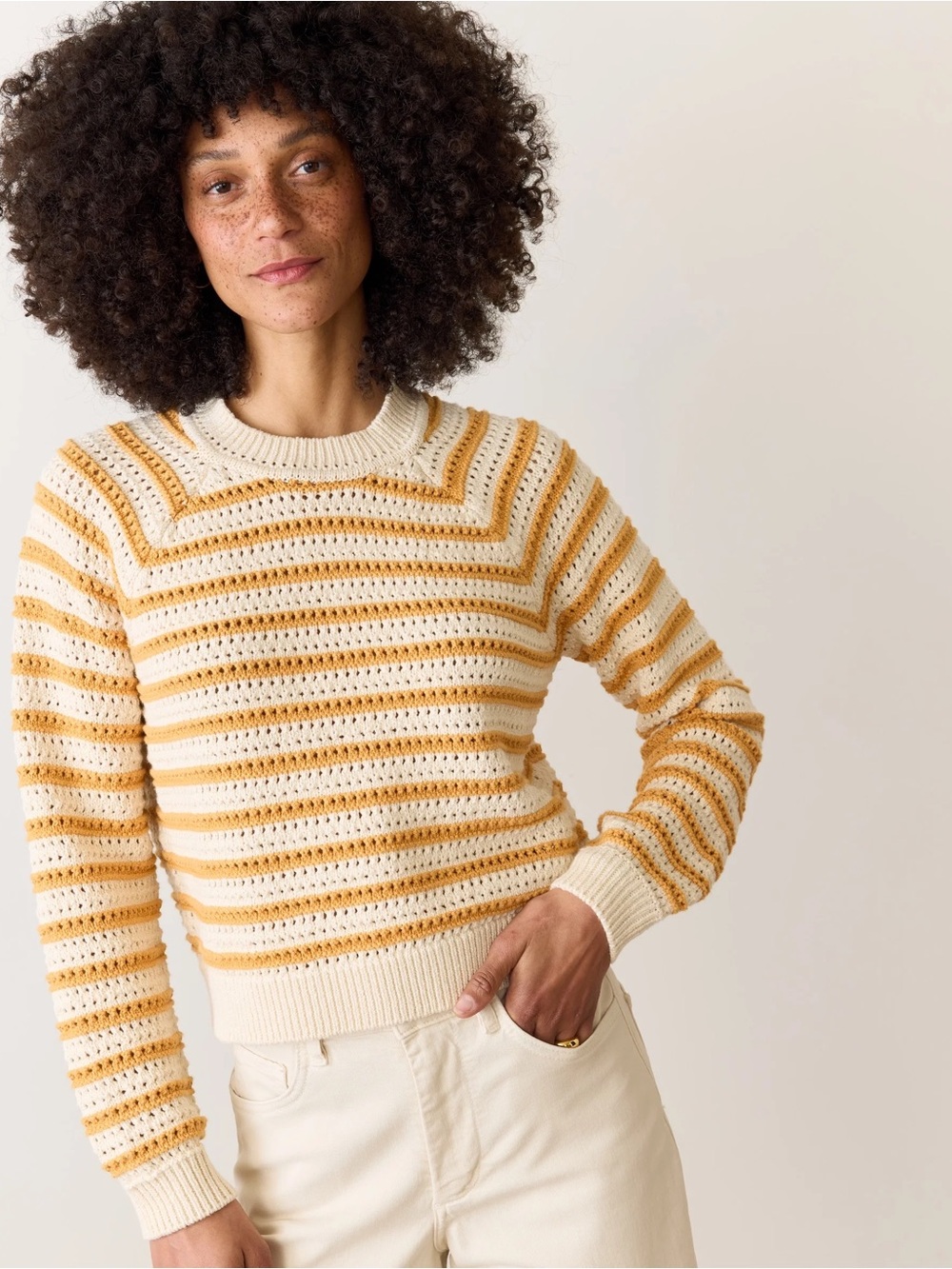 Marine Layer Cream & Mustard Striped Open-Knit Crewneck Sweater - XS - like new